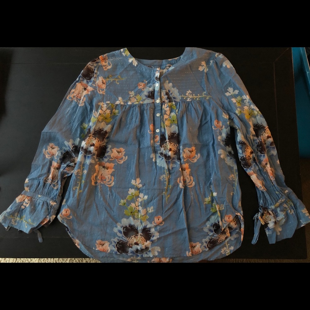 LOFT blue floral blouse with silver stripes